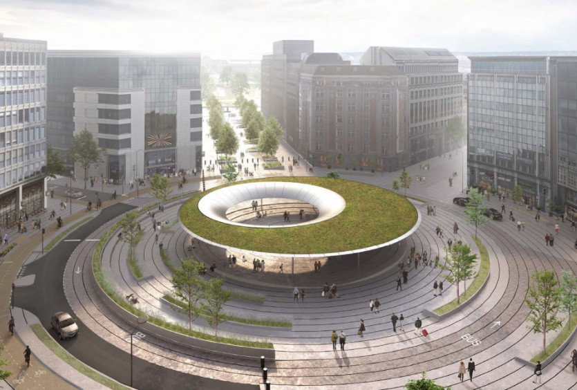 Le projet officiel actuellement défendu : une coupole végétalisée au centre du rond-point.
