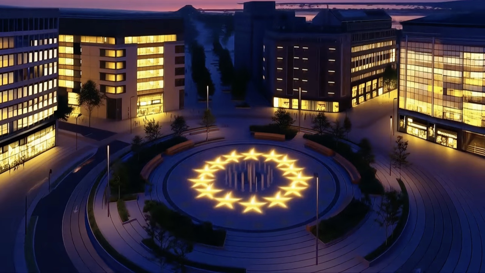 The Brussels European Walk - les douze étoiles illuminées, vue de nuit